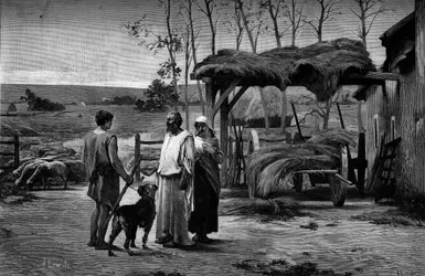Scena biblica: “Giacobbe da Labano.” Incisione dopo il dipinto di Henry Lerolle (1848-1929). In “The Illustrous World” n°1192 del 31 gennaio