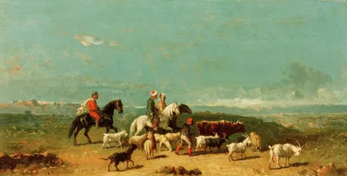 Gruppo di cavalieri arabi con un pastore di capre in un ampio paesaggio