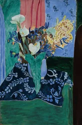 Arum, Iris e Mimosa (Fiori in un vaso blu su una tovaglia blu)