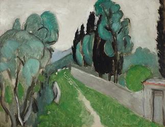 Paysage avec cyprès et oliviers aux environs de Nice, 1918 circa (olio su tavola appoggiato su pannello)