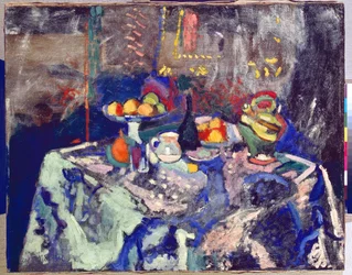 Vaso, bottiglia e frutta, 1906 circa (olio su tela)