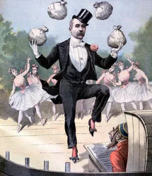 Georges Clemenceau che gioca con sacchi di denaro inglese
