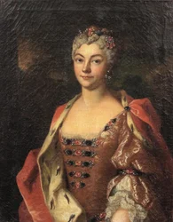 Ritratto di una nobildonna, a mezzo busto, con abito rosa e veste bordata di ermellino