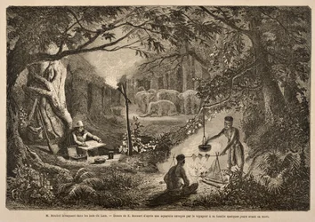 Henri Mouhot accampato nelle giungle del Laos, illustrazione da 