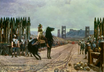 Il condottiero gallico Vercingetorige (72-46 a.C.) si arrende al comandante romano Giulio Cesare (100-44 a.C.) dopo la battaglia di Alesia nel 52 a.C. Henri Motte (1846-1922), 1886 - Le Puy-en-Velay, Musée Crozatier - Il condottiero gallico Vercingetorige