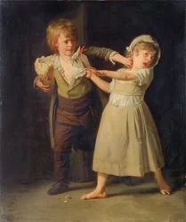 Due bambini che litigano per un pezzo di pane