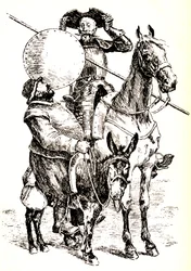 Don Chisciotte sul suo cavallo, accanto a Sancho sul suo asino