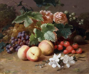 Natura morta di fiori e frutta. Dipinto di Henri Robbe (1807-1899) Collezione privata.