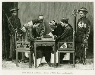 Lettere cinesi dalla residenza francese a Hanoi. Incisione di Thiriat, da una fotografia, per illustrare il racconto Trenta mesi nel Tonchino nel 1884, del dottor Hocquard, in Le Tour du monde 1889, a cura di Edouard Charton (1807-1890), Hachette, Parigi