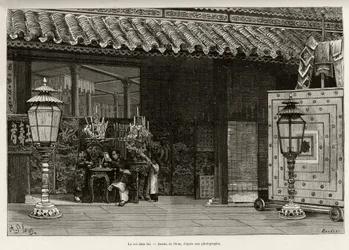 Re Dong Khanh, Imperatore di Annam, nella città imperiale di Hue (Vietnam). Incisione di Thiriat, per illustrare la storia Trente mois au Tonkin di Dr. Charles Edouard Hocquard, in Le tour du monde, nouveau journal des voyages, sotto la direzione di Edouar