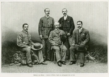 Ritratto di Henry Morton Stanley (John Rowlands 1841-1904) circondato dai suoi ufficiali: Dr. Thomas Heazle Parke (1857-93), Robert H. Nelson, William G. Stairs e Arthur J. M. Jephson (incisione)