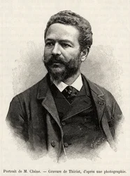 Ritratto di Jules Claine (1856-1939), esploratore e diplomatico, autore del racconto. Incisione di Thiriat per illustrare il racconto "Un anno in Malesia", di Jules Claine (1856-1939)