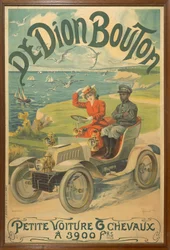 Pubblicità per auto De Dion Bouton raffigurante La Belle Otero al volante e Michel Zelete, valletto del marchese di Digione accanto a lei