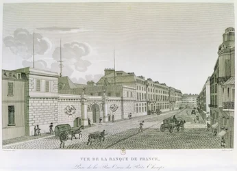 La Banca di Francia da Rue Croix-Petits-Champs, inciso da Eugène Dubois, 1800