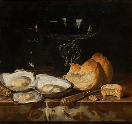 Natura morta con ostriche, pane e bicchiere di vino veneziano, 1661