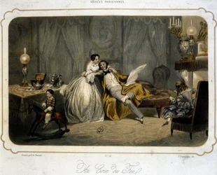 Famiglia borghese che riposa nel salotto - litografia, c. 1820