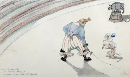 Scena di circo: addestramento. Un clown con un cane scienziato e un elefante acrobatico