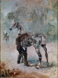 Artigliere che sella il suo cavallo