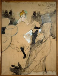 Il mulino rosso, la Goulue e Valentin le Desossé. Schizzo, carboncino con evidenziazioni colorate. Disegno di Henri de Toulouse-Lautrec (1864-1901)