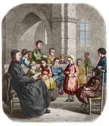 Il catechismo, incisione del 1860 dopo il dipinto di Henriette Browne (Mme Jules de Saux, detta) (nata Henriette Sophie de Bouteiller) (1829-1901)
