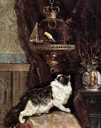 Gatto che spia un uccello in gabbia - di Henriette Ronner