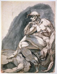 Uomo con due donne morte, 1772 circa (penna e inchiostro marrone con lavaggio grigio su carta)