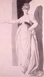 Giovane donna con acconciatura elaborata in piedi con il braccio destro teso