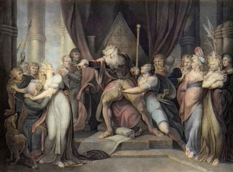 Shakespeare - Re Lear - Atto I Scena I - Re Lear che scaccia sua figlia Cordelia - incisione dopo Henry Fuseli