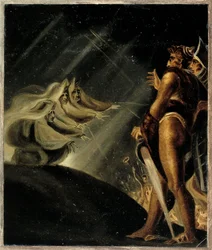 Le streghe fluttuanti sopra Macbeth e Banquo