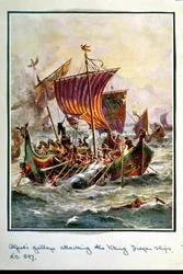 Le galee di Alfredo attaccano le navi drago vichinghe, 897 d.C., illustrazione da 