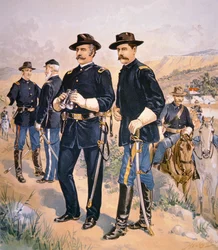 Brigadiere Generale Nelson A. Miles, ufficiali di linea e soldati in uniforme da campagna del 1888