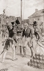 Il generale di brigata William Hull si arrende al forte e alla città di Detroit, Michigan, America durante l