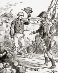 Il capitano Dacres della HMS Guerriere si arrende e offre la sua spada al capitano Hull a bordo della USS Constitution dopo la sua sconfitta durante la Guerra del 1812, da La Storia del Nostro Paese, pubblicato nel 1905