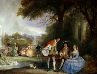Scusatemi. Scene galanti in un giardino con fontane (riverenza). Dipinto di Henry Andrews (D.1868 British) Collezione privata