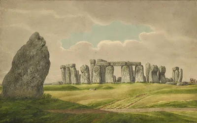 Stonehenge dal N.E., mostrando rovine e pietra del tallone con carro, cavallo, persona, 1824-1839
