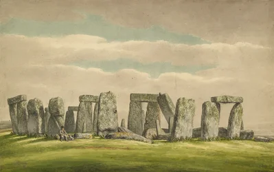 Stonehenge da N.W., mostrando rovine con uomo e cane, 1824-1839