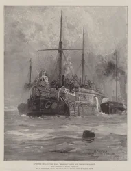 Dopo il suo processo per fuoco, HMS Belleisle rimorchiata nel porto di Portsmouth