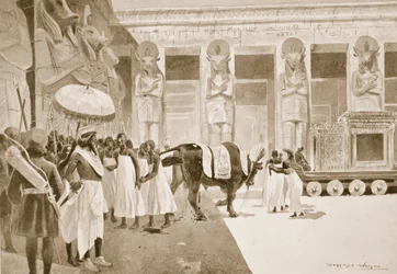 Cambise uccide il Toro Sacro, illustrazione da «Storia delle nazioni di Hutchinson», 1910 circa