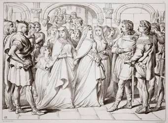 Alftruda riconosce Hereward, illustrazione da Hereward the Great di Charles Kingsley, pub. 1870, inciso da C.G. Lewis