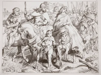 Hereward protegge Alftruda portandola in un luogo sicuro, illustrazione da Hereward il Grande di Charles Kingsley, pub. 1870, inciso da C.G. Lewis