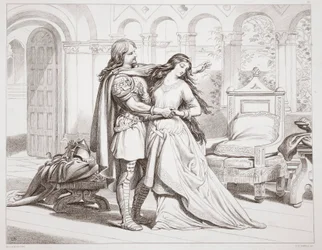 Il primo incontro di Hereward con Torfrida, illustrazione da Hereward the Great di Charles Kingsley, pub. 1870, inciso da C.G. Lewis