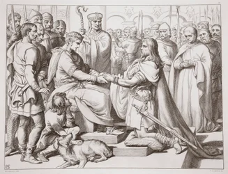 Come Hereward arrivò dal Re, illustrazione da Hereward the Great di Charles Kingsley, pub. 1870, inciso da C.G. Lewis