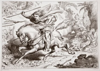 Come Hereward fu catturato in una trappola, illustrazione da Hereward the Great di Charles Kingsley, pub. 1870, inciso da C.G. Lewis