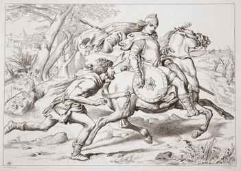 Come Martin Lightfoot supera Hereward, illustrazione da Hereward the Great di Charles Kingsley, pub. 1870, inciso da C.G. Lewis (incisione su lastra d