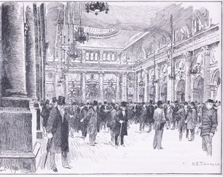 Dentro la Royal Exchange a Manchester, illustrazione da Cassells History of England, 1900