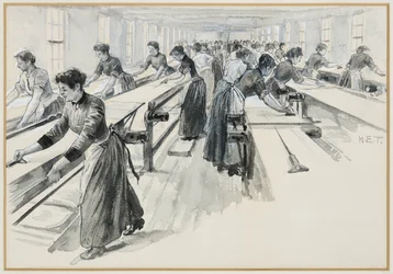 Taglio del velluto presso le officine di Platts, Warrington
