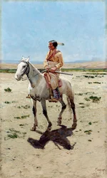 Scout Cheyenne. Un indiano a cavallo con un fucile. Dipinto di Henry Francois Farny (1847-1916)