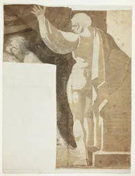 Figura maschile con braccio sinistro alzato vista da dietro, e frammento di vecchio