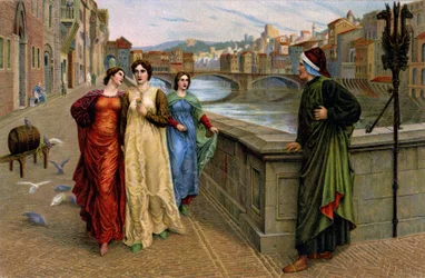 Dante Alighieri incontra la sua musa Beatrice Portinari a Firenze, c.1890 (stampa)
