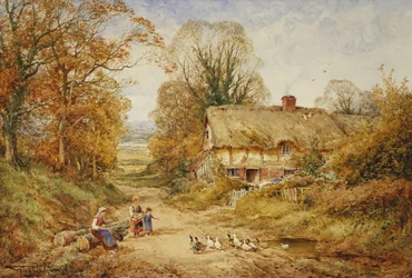 Bambini che nutrono anatre accanto a un cottage in un sentiero boscoso